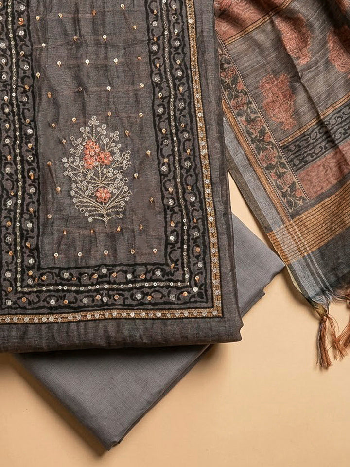 Grey Chanderi Embroidered Unstitched Dress Material