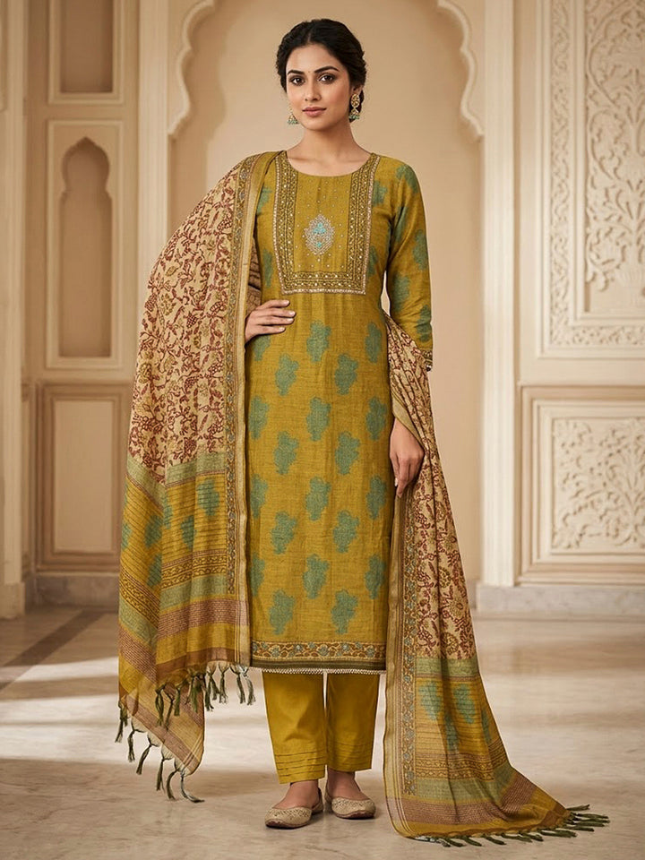 Mustard Chanderi Embroidered Unstitched Dress Material