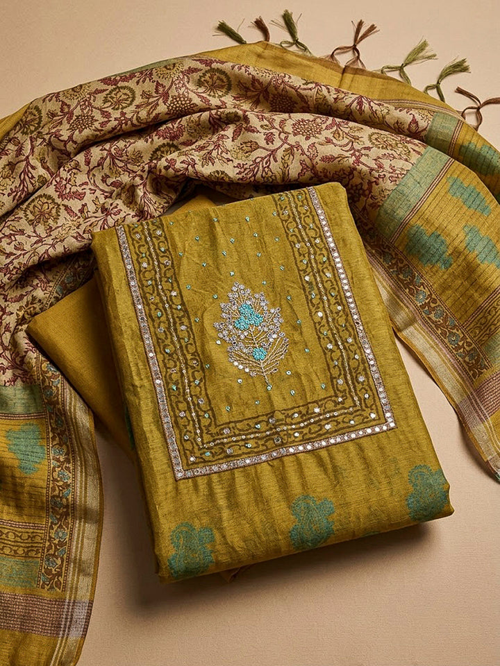 Mustard Chanderi Embroidered Unstitched Dress Material
