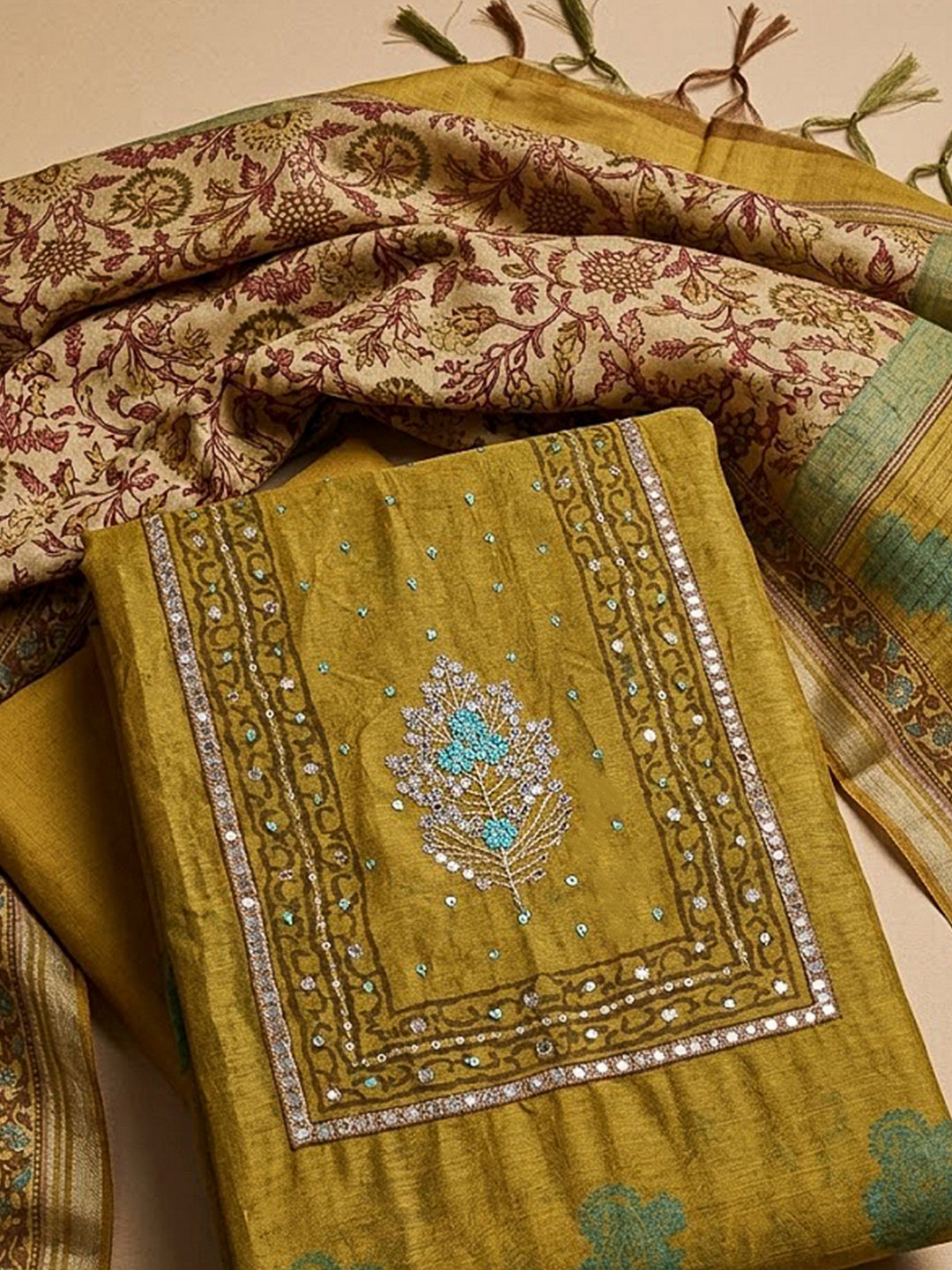 Mustard Chanderi Embroidered Unstitched Dress Material