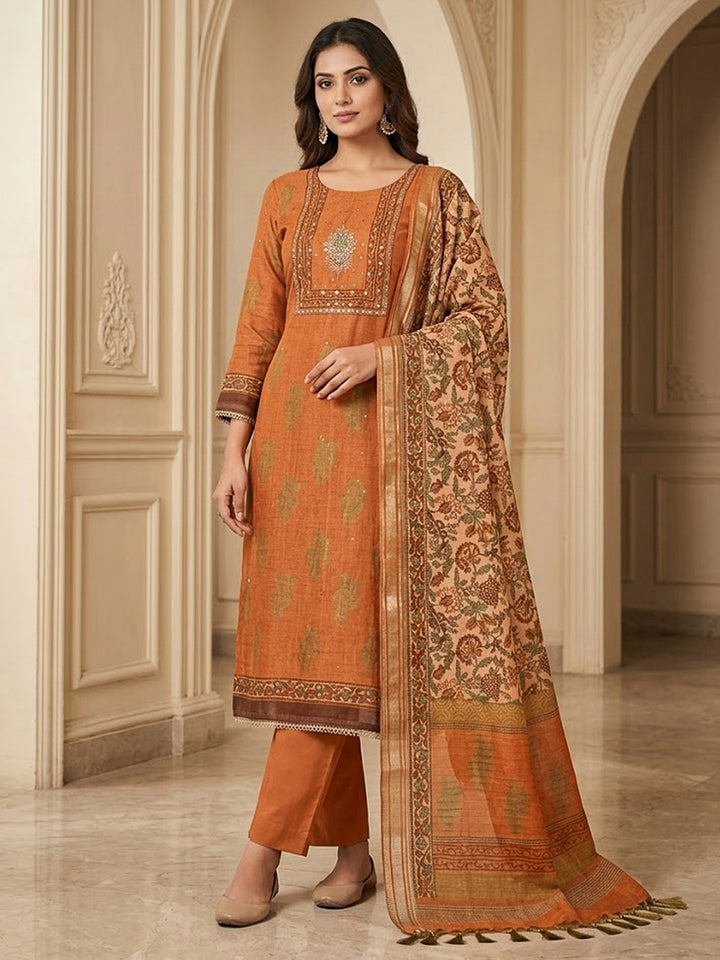 Orange Chanderi Embroidered Unstitched Dress Material