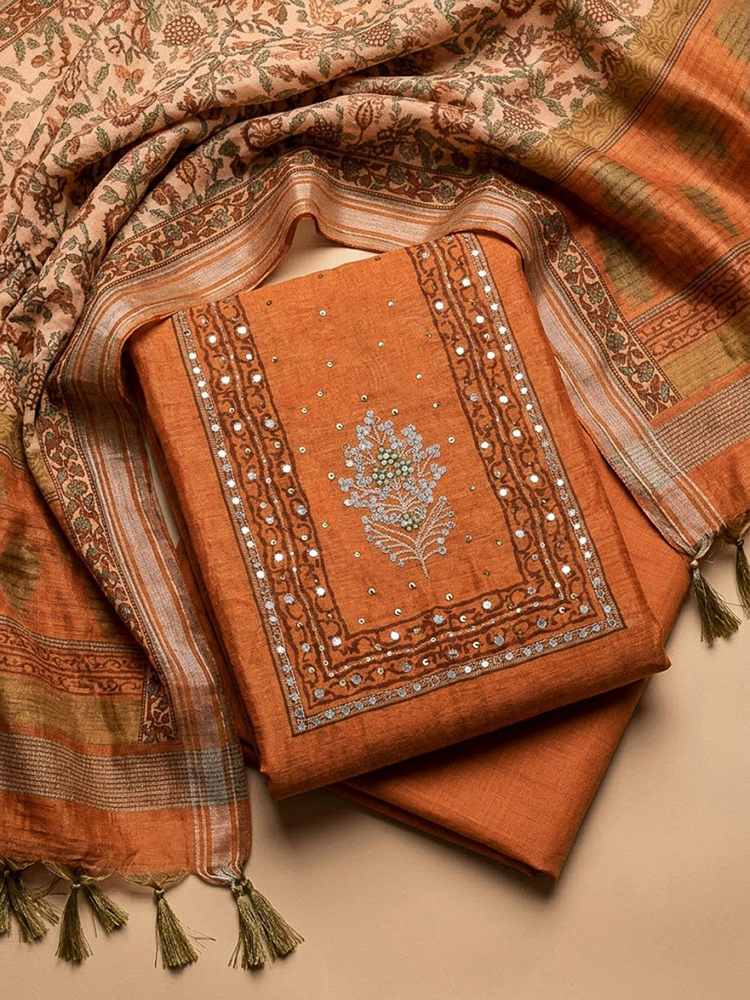 Orange Chanderi Embroidered Unstitched Dress Material
