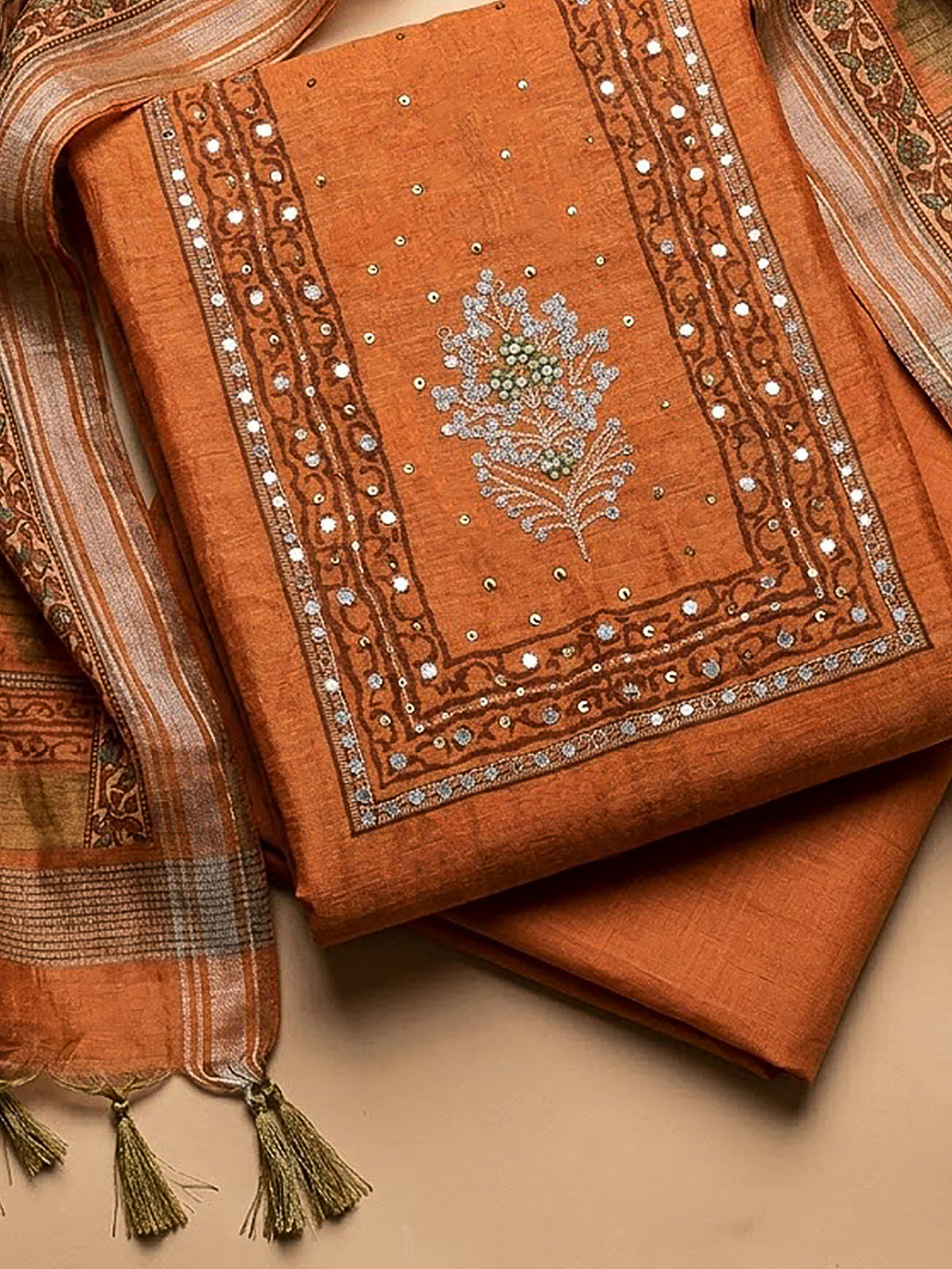 Orange Chanderi Embroidered Unstitched Dress Material