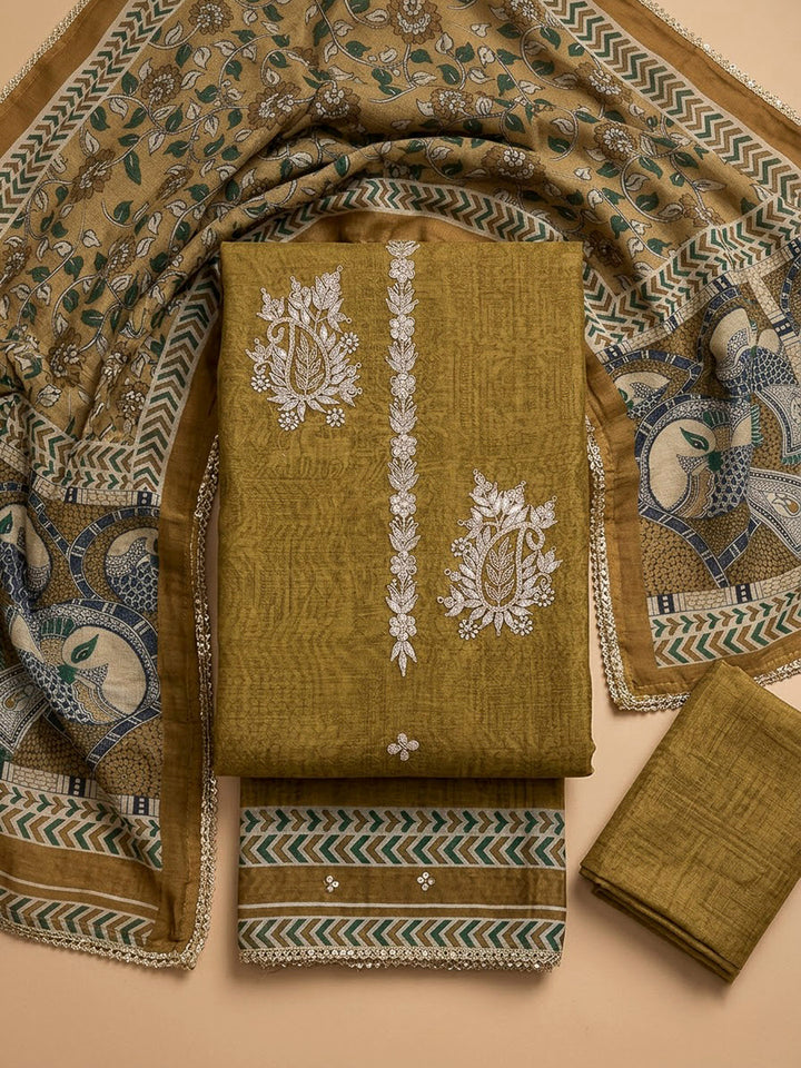 Mehndi Chanderi Printed Unstitched Dress Material