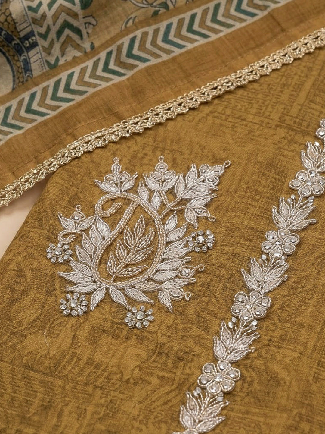 Mehndi Chanderi Printed Unstitched Dress Material