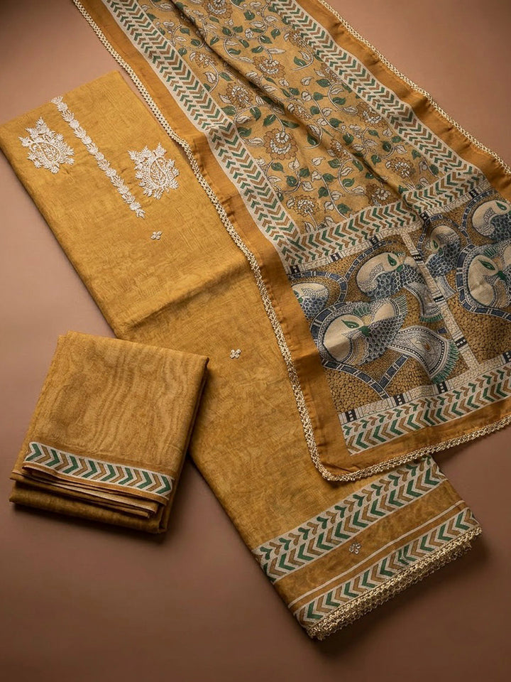 Mehndi Chanderi Printed Unstitched Dress Material