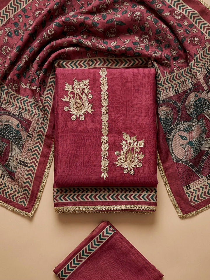 Onion Pink Chanderi Printed Unstitched Dress Material