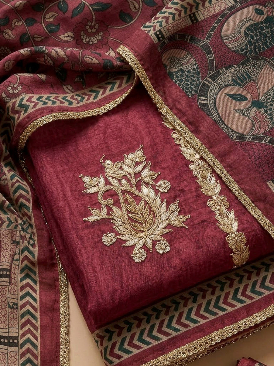 Onion Pink Chanderi Printed Unstitched Dress Material