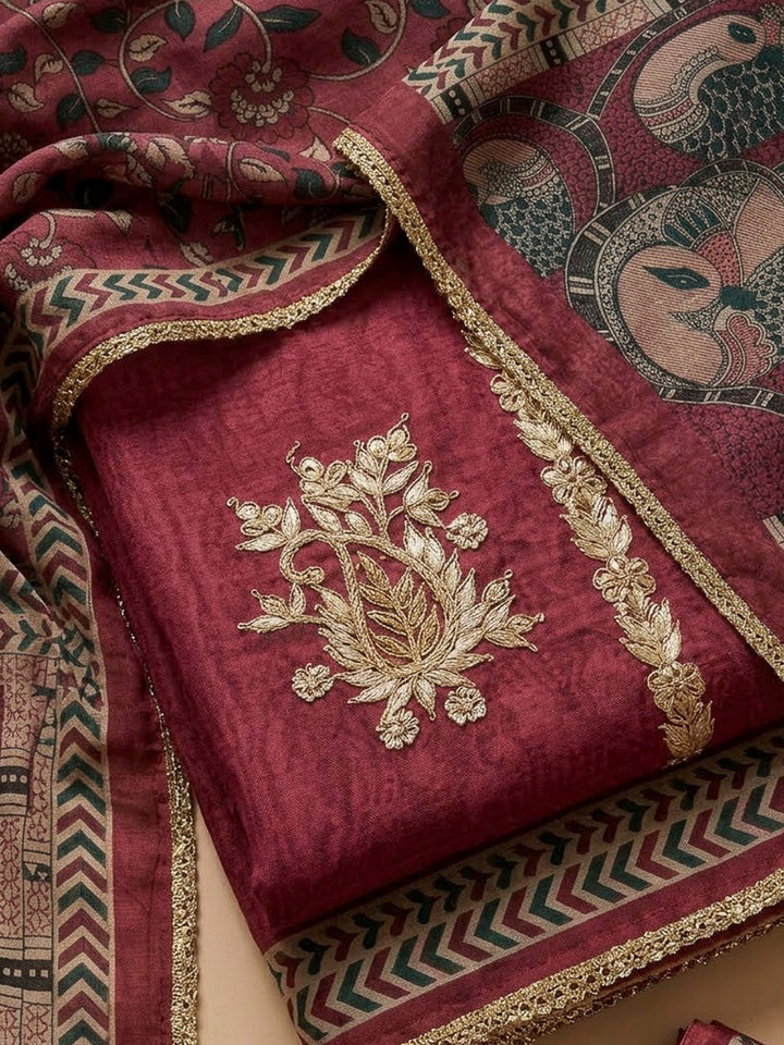 Onion Pink Chanderi Printed Unstitched Dress Material