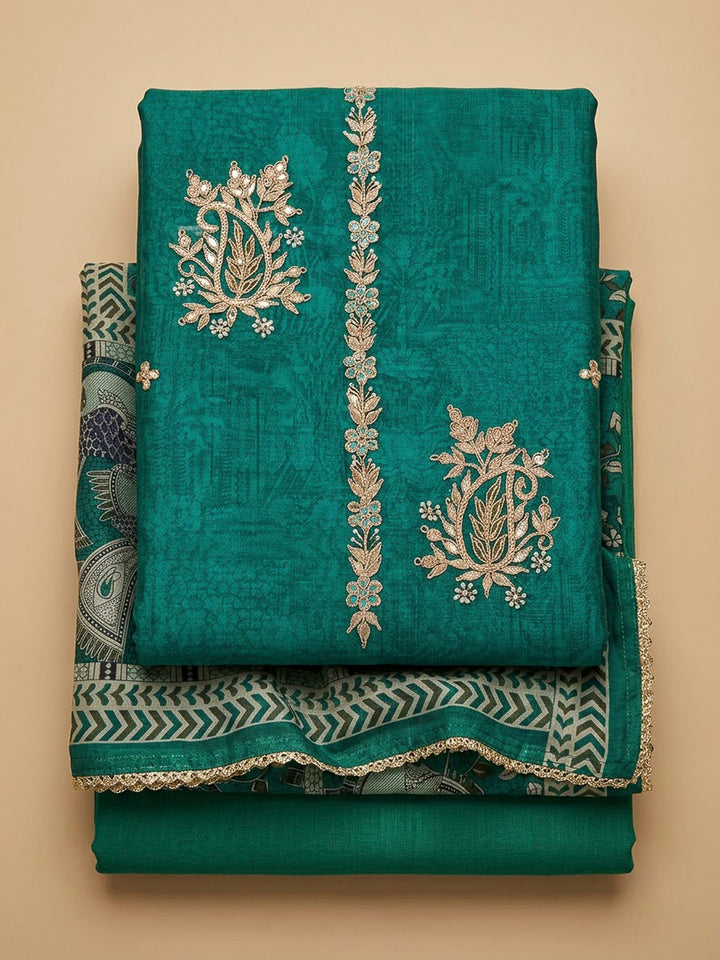 Rama Green Chanderi Printed Unstitched Dress Material