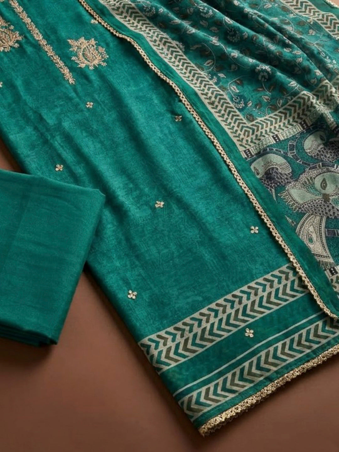 Rama Green Chanderi Printed Unstitched Dress Material