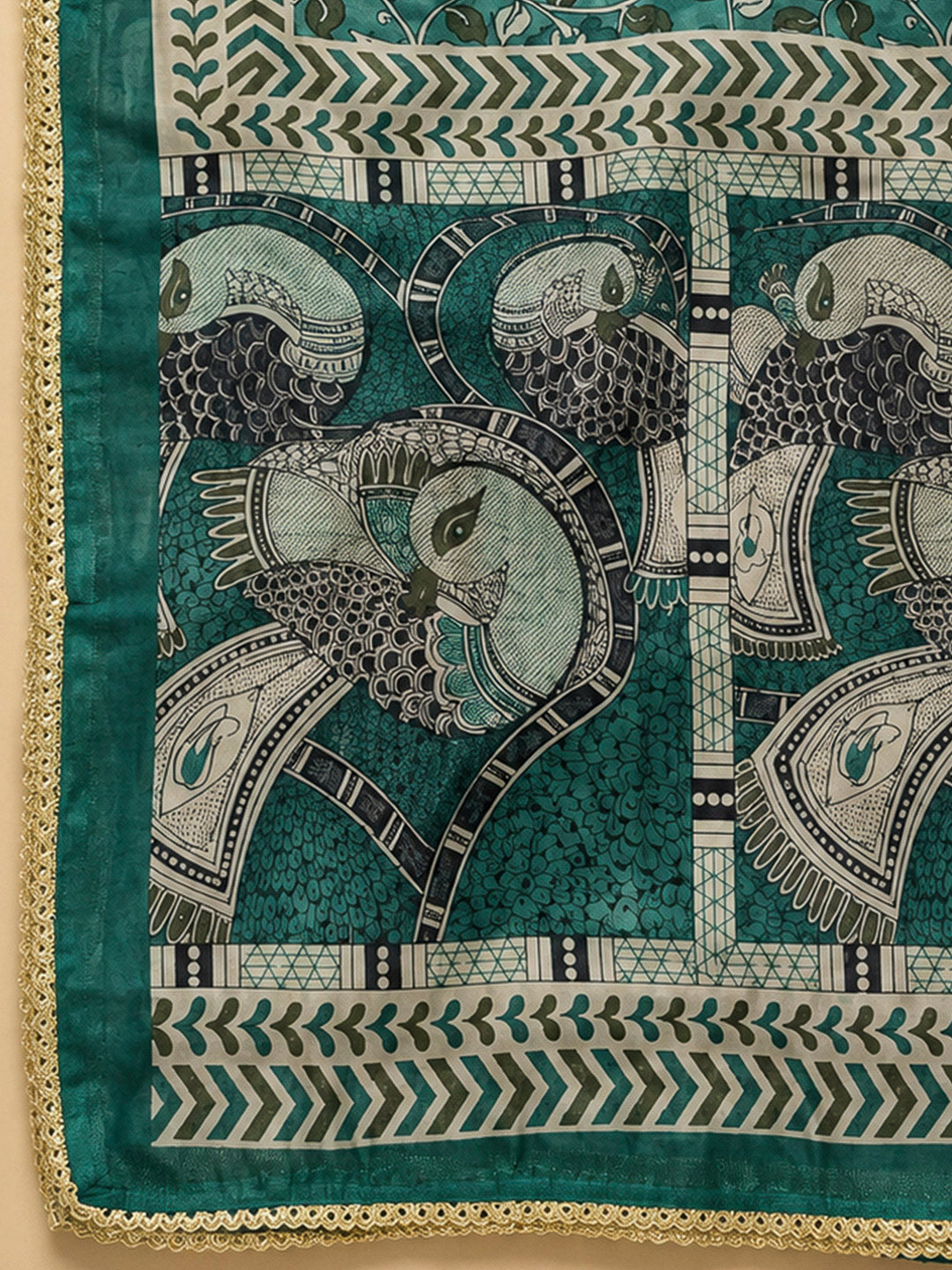 Rama Green Chanderi Printed Unstitched Dress Material