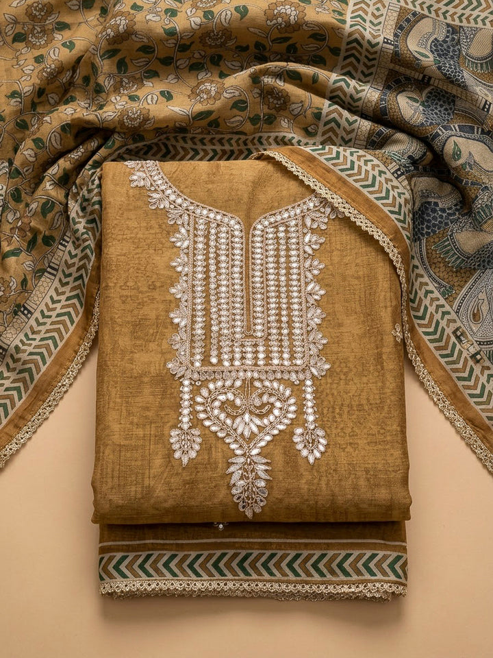 Beige Chanderi Embroidered Unstitched Dress Material