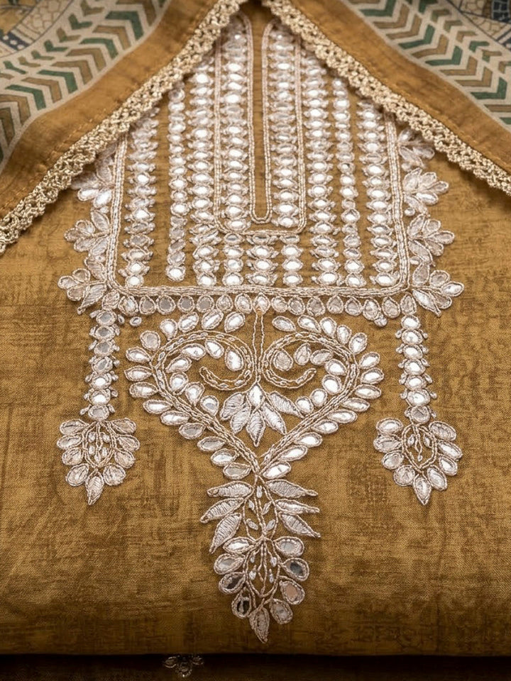 Beige Chanderi Embroidered Unstitched Dress Material