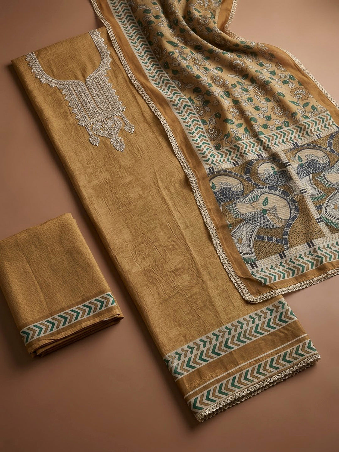 Beige Chanderi Embroidered Unstitched Dress Material