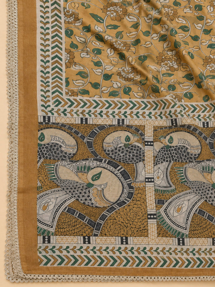 Beige Chanderi Embroidered Unstitched Dress Material