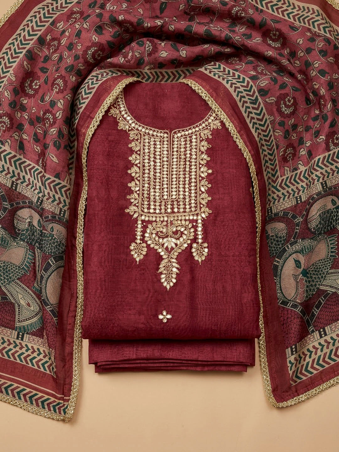 Onion Pink Chanderi Embroidered Unstitched Dress Material