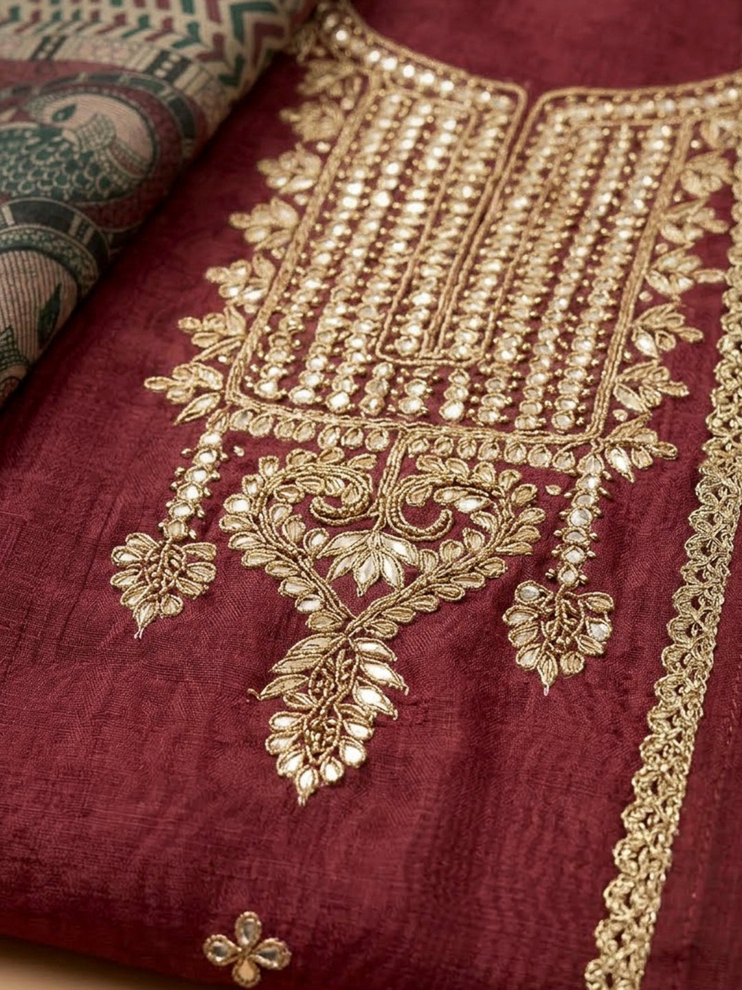 Onion Pink Chanderi Embroidered Unstitched Dress Material