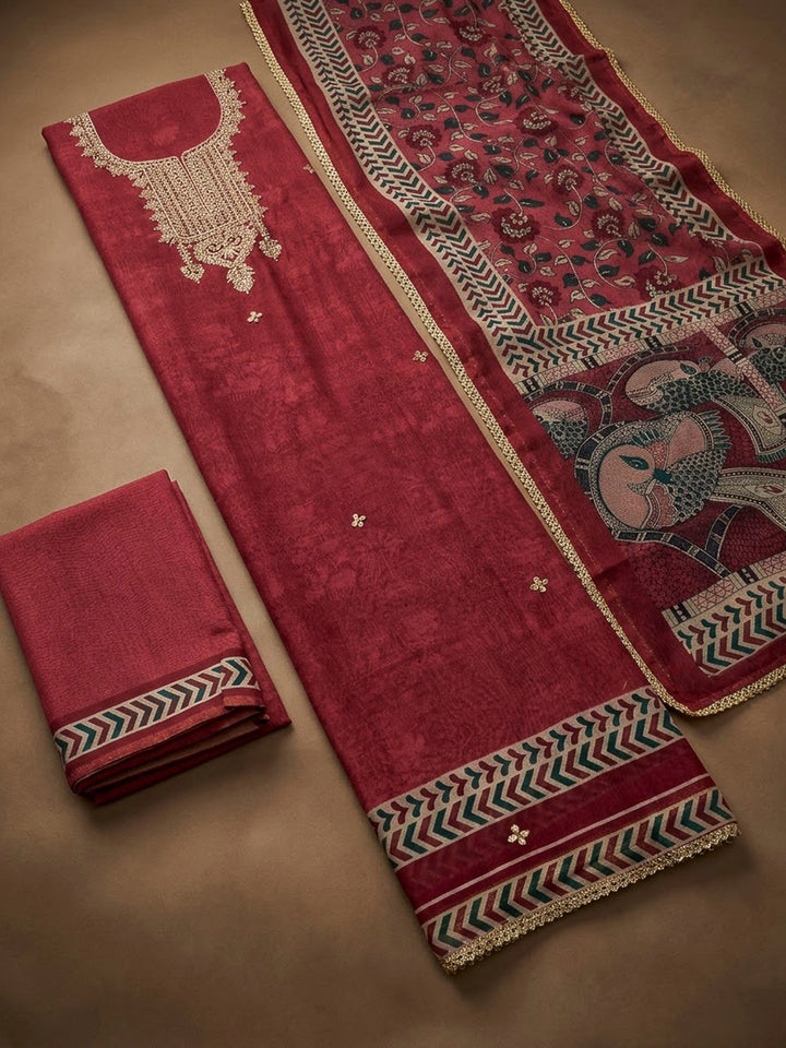 Onion Pink Chanderi Embroidered Unstitched Dress Material