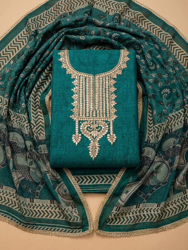 Rama Green Chanderi Embroidered Unstitched Dress Material