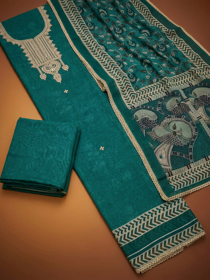 Rama Green Chanderi Embroidered Unstitched Dress Material