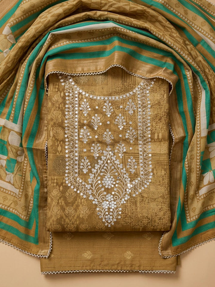 Mustard Art Silk Embroidered Unstitched Dress Material