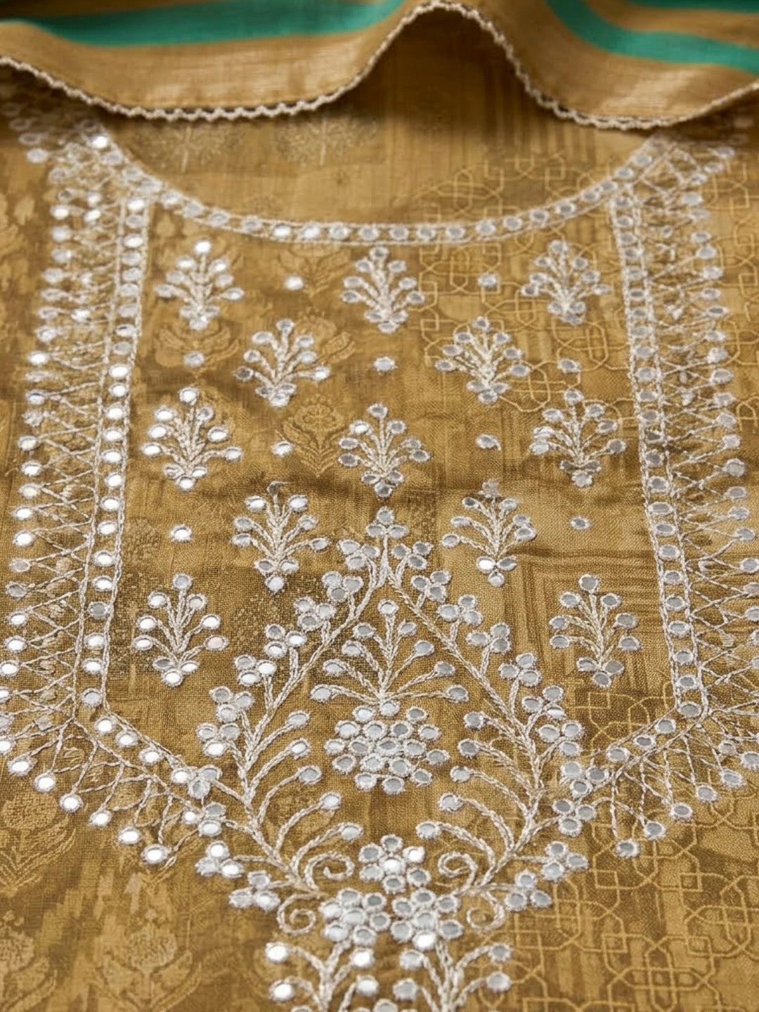 Mustard Art Silk Embroidered Unstitched Dress Material