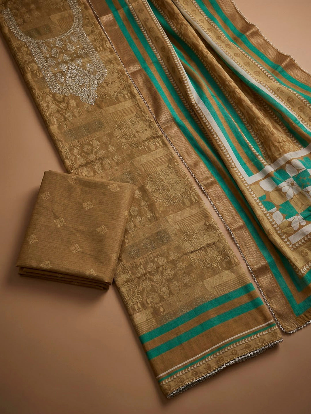 Mustard Art Silk Embroidered Unstitched Dress Material