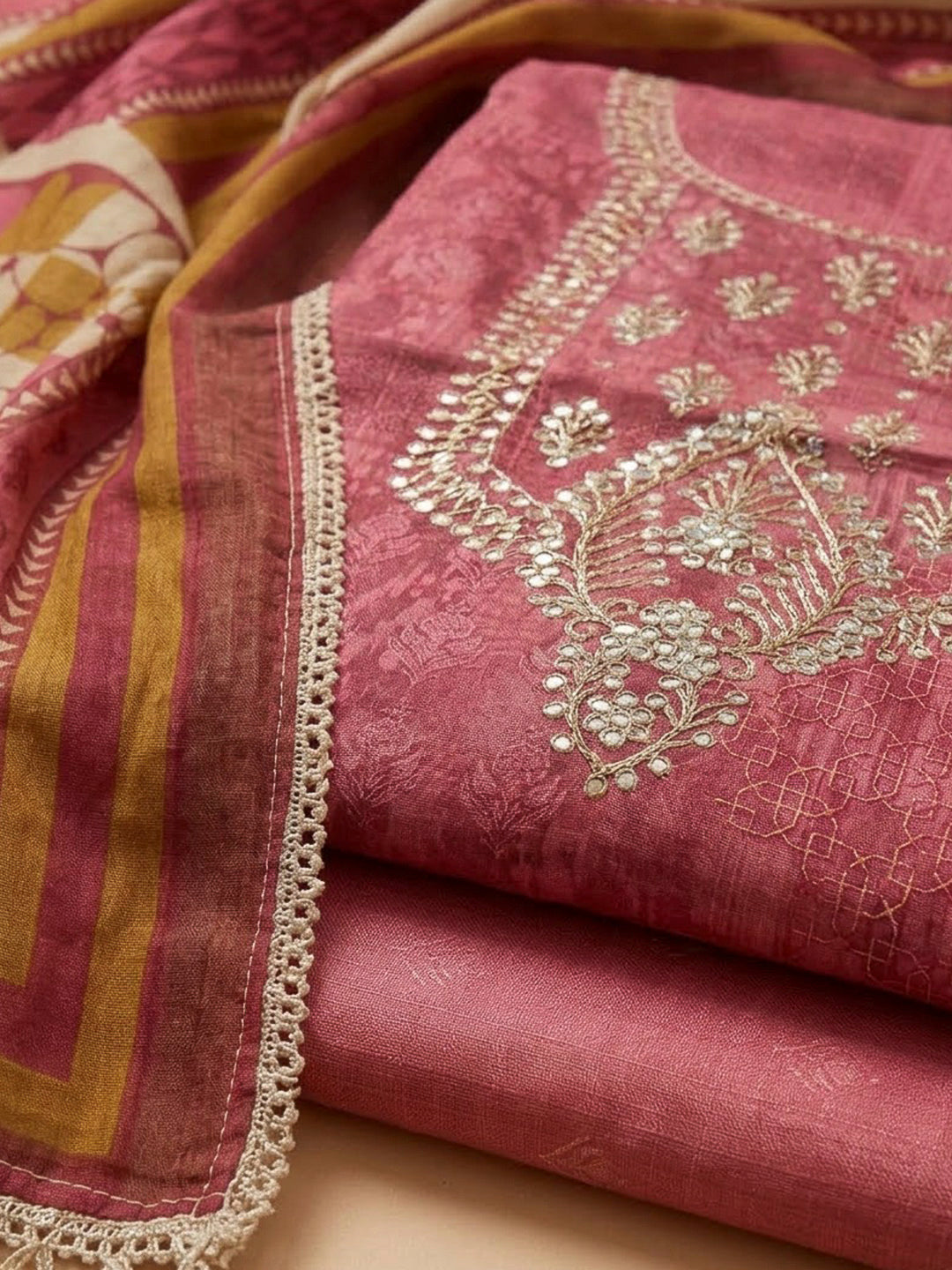 Onion Pink Art Silk Embroidered Unstitched Dress Material