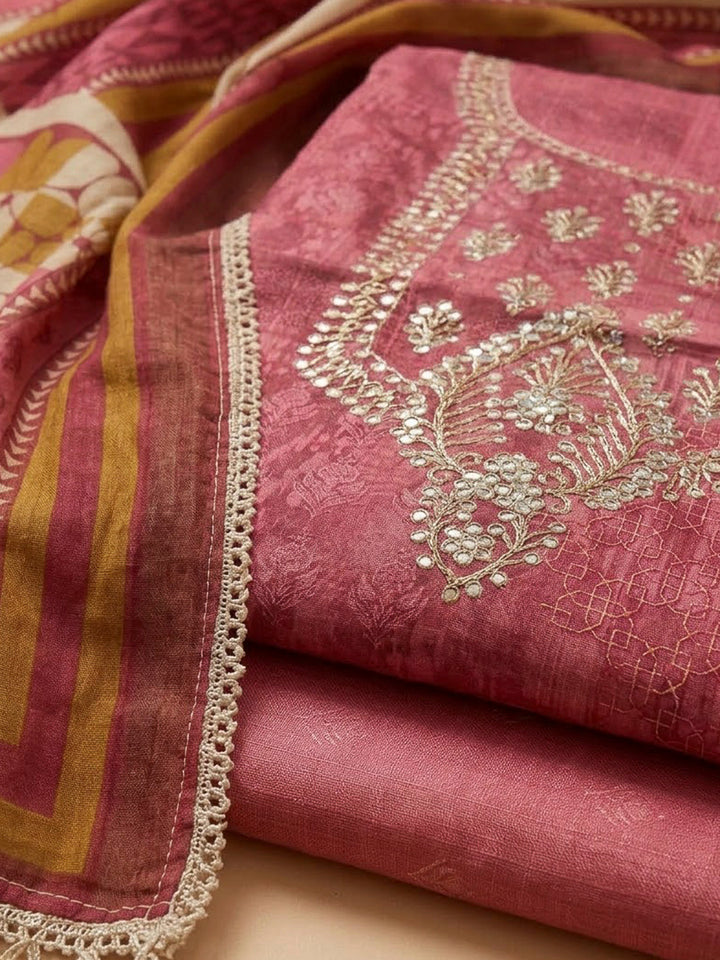 Onion Pink Art Silk Embroidered Unstitched Dress Material