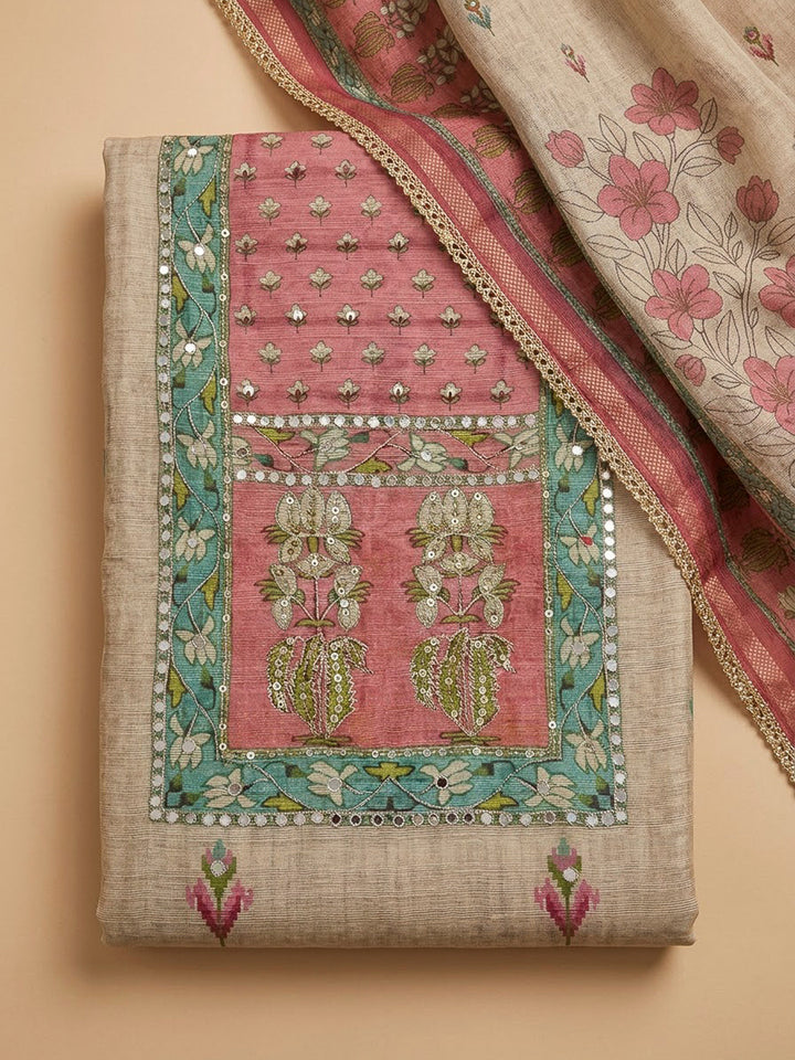 Peach Chanderi Printed Unstitched Dress Material