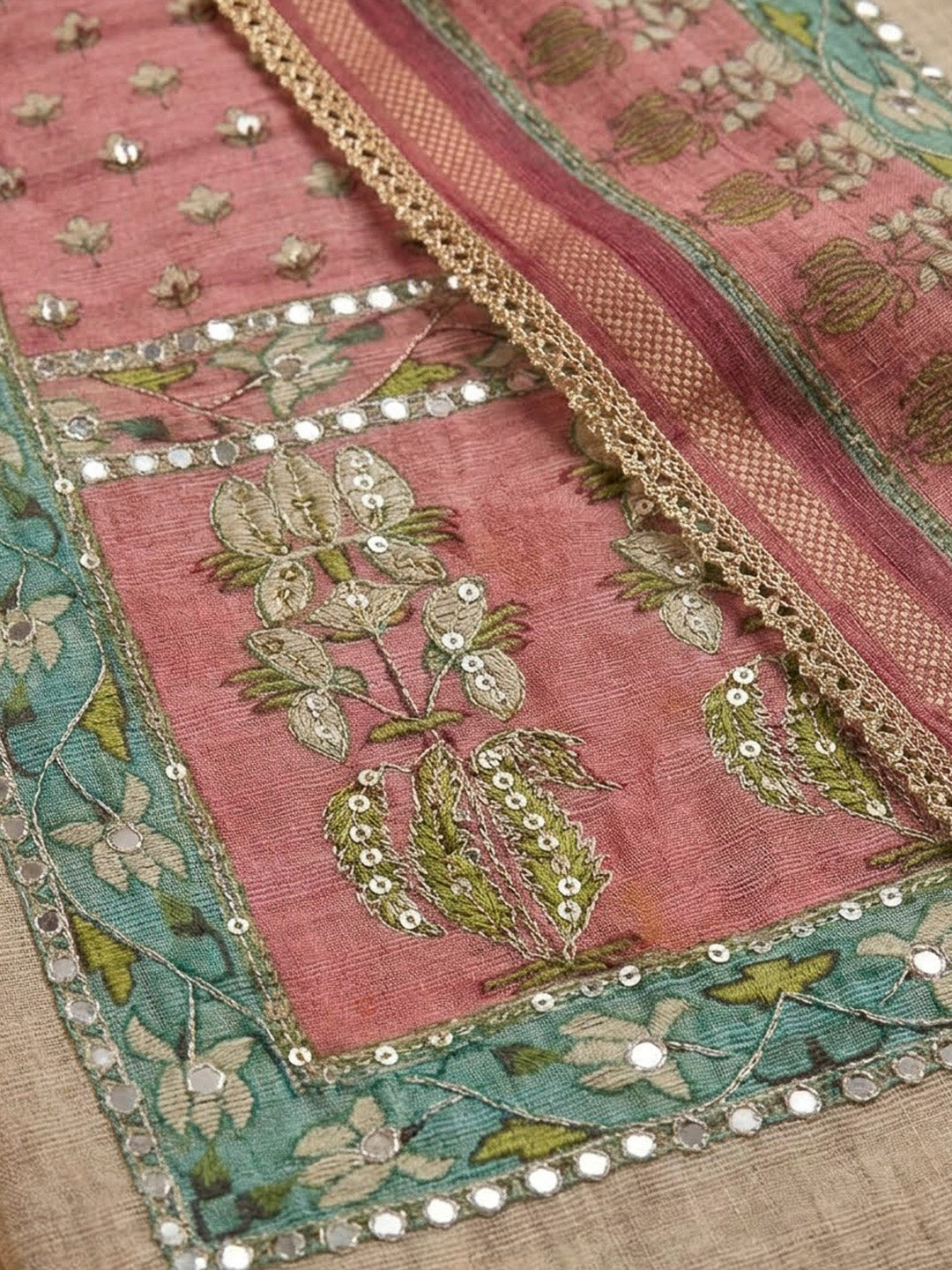 Peach Chanderi Printed Unstitched Dress Material