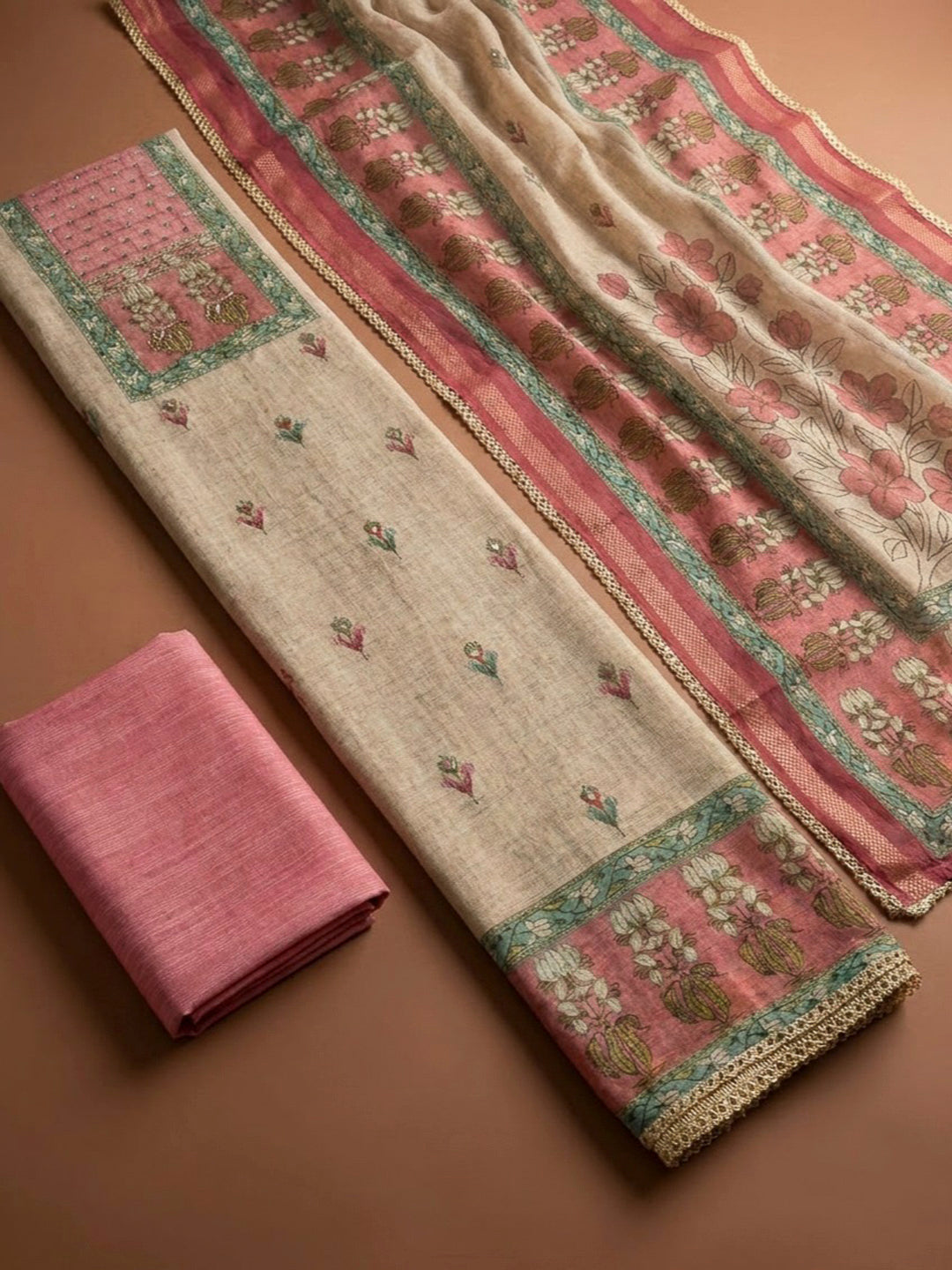 Peach Chanderi Printed Unstitched Dress Material