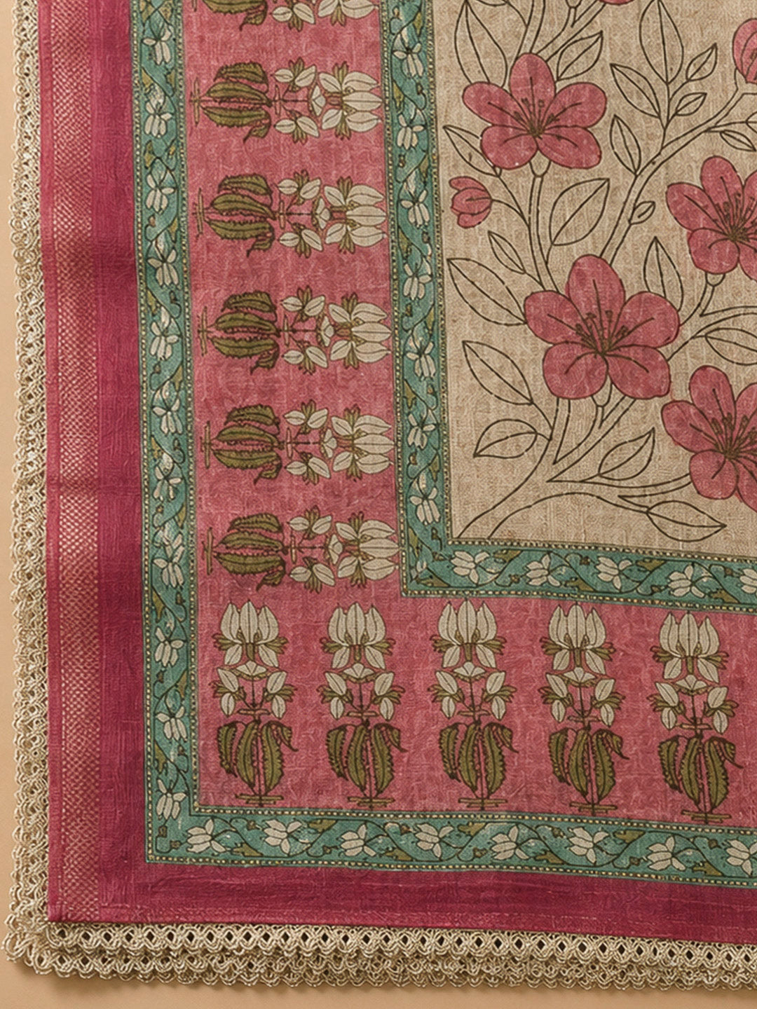 Peach Chanderi Printed Unstitched Dress Material