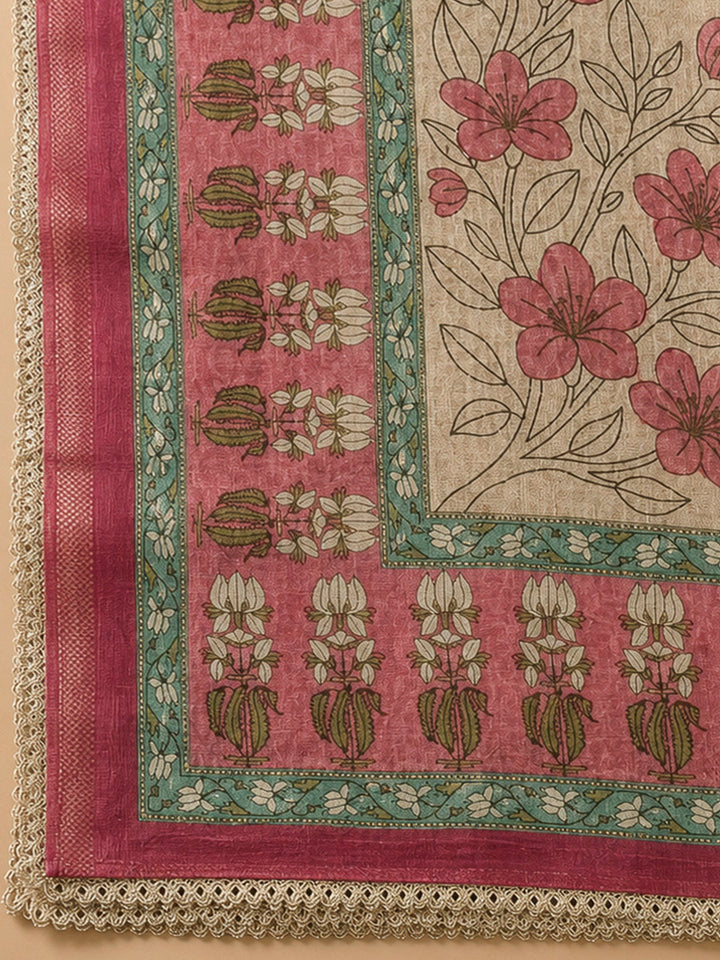 Peach Chanderi Printed Unstitched Dress Material
