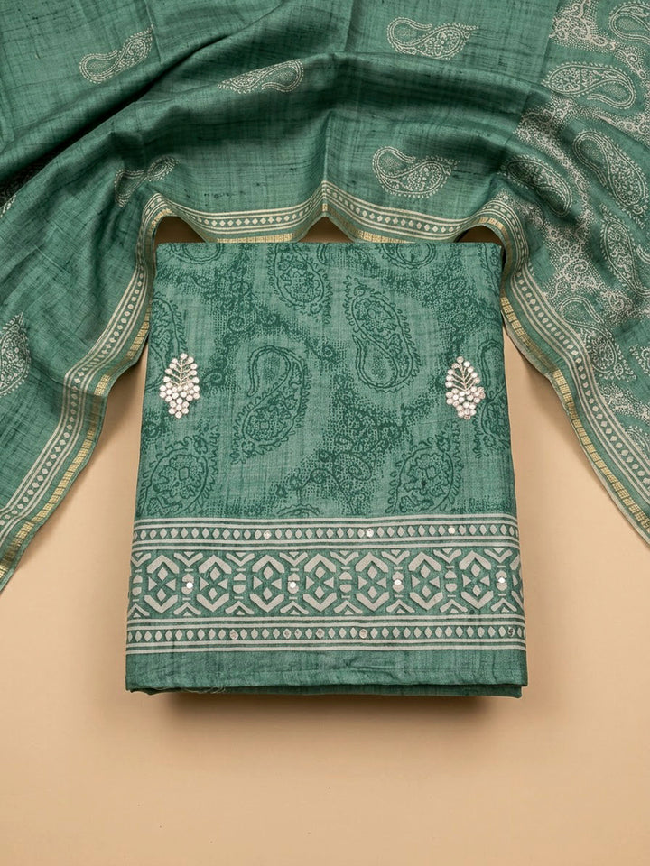 Aqua Green Art Silk Printed Unstitched Dress Material