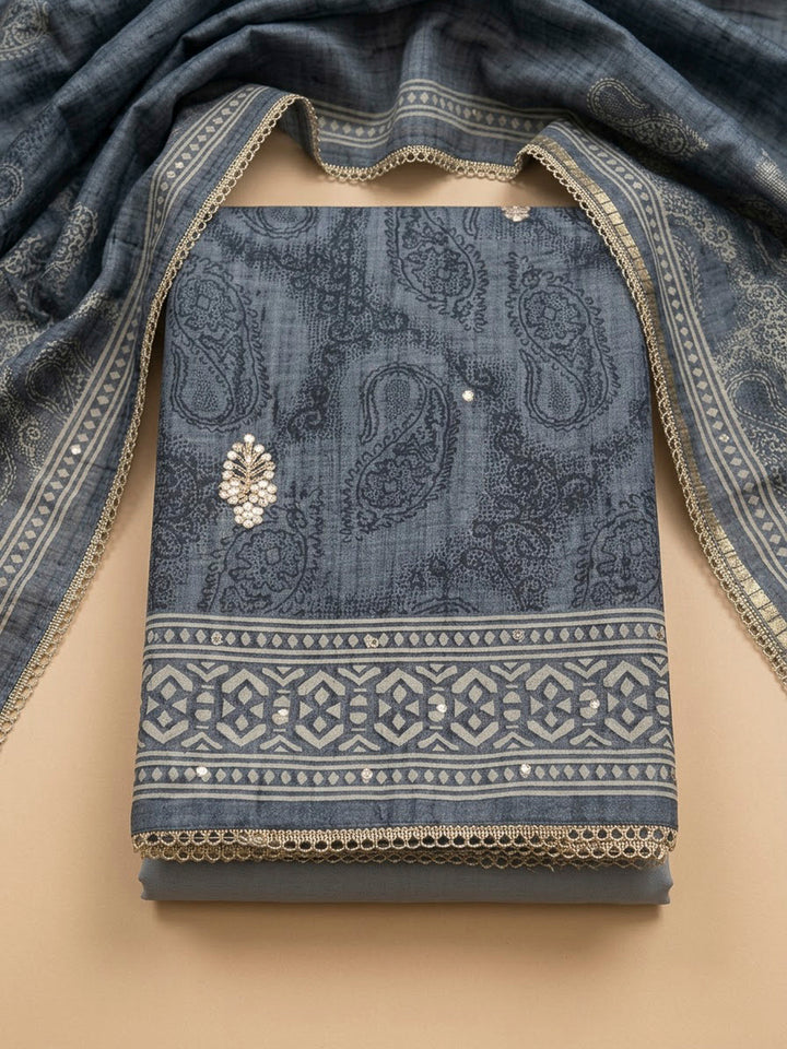 Grey Art Silk Printed Unstitched Dress Material