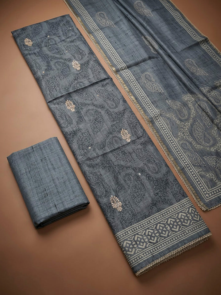 Grey Art Silk Printed Unstitched Dress Material