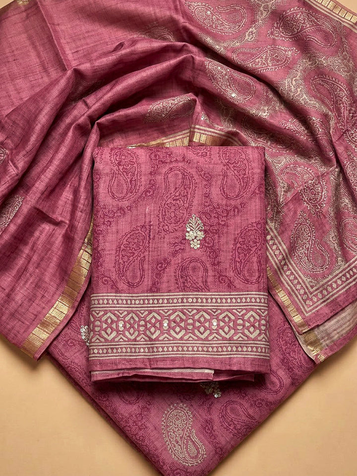 Onion Pink Art Silk Printed Unstitched Dress Material