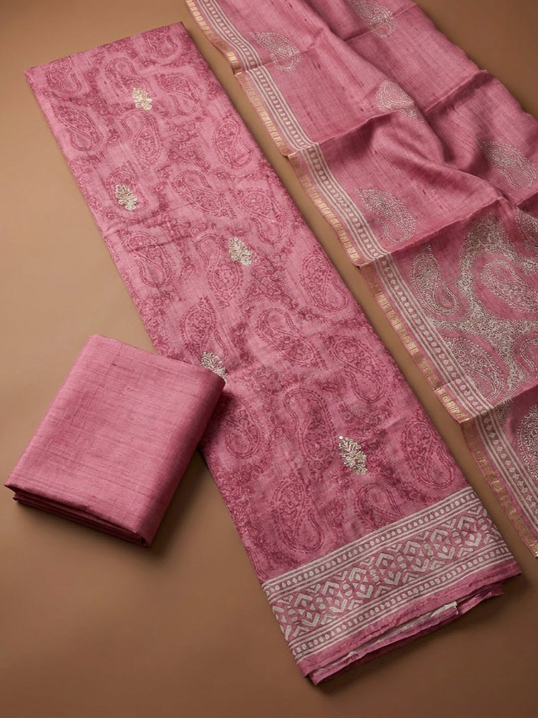 Onion Pink Art Silk Printed Unstitched Dress Material