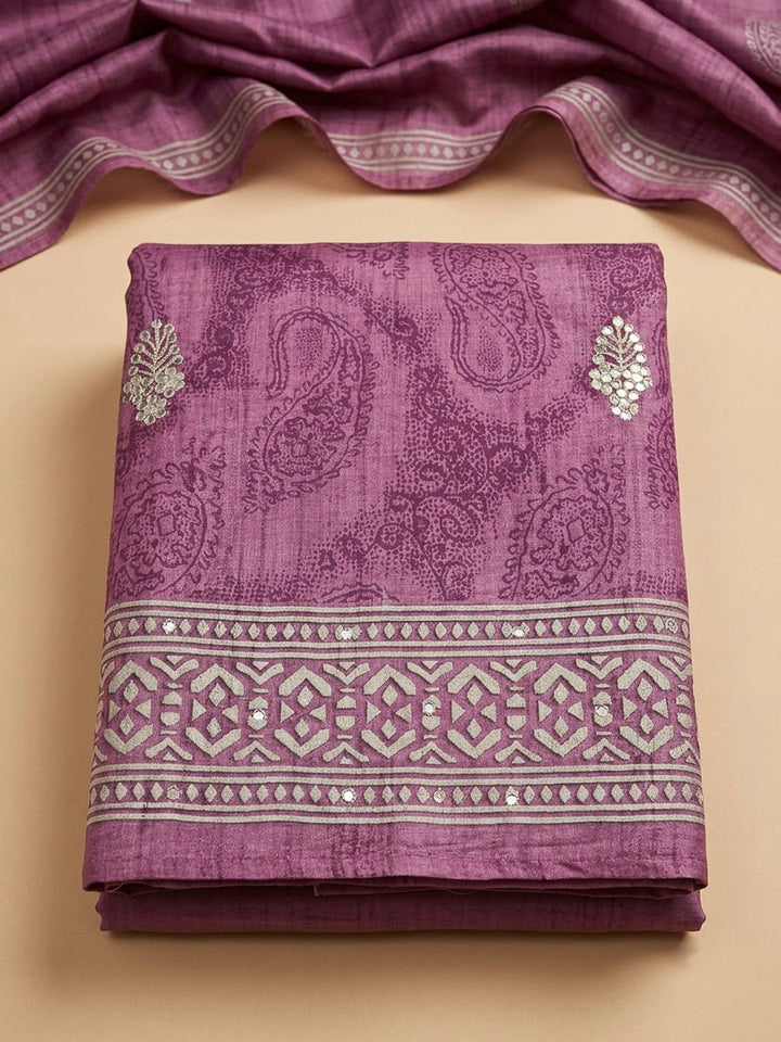Purple Art Silk Printed Unstitched Dress Material