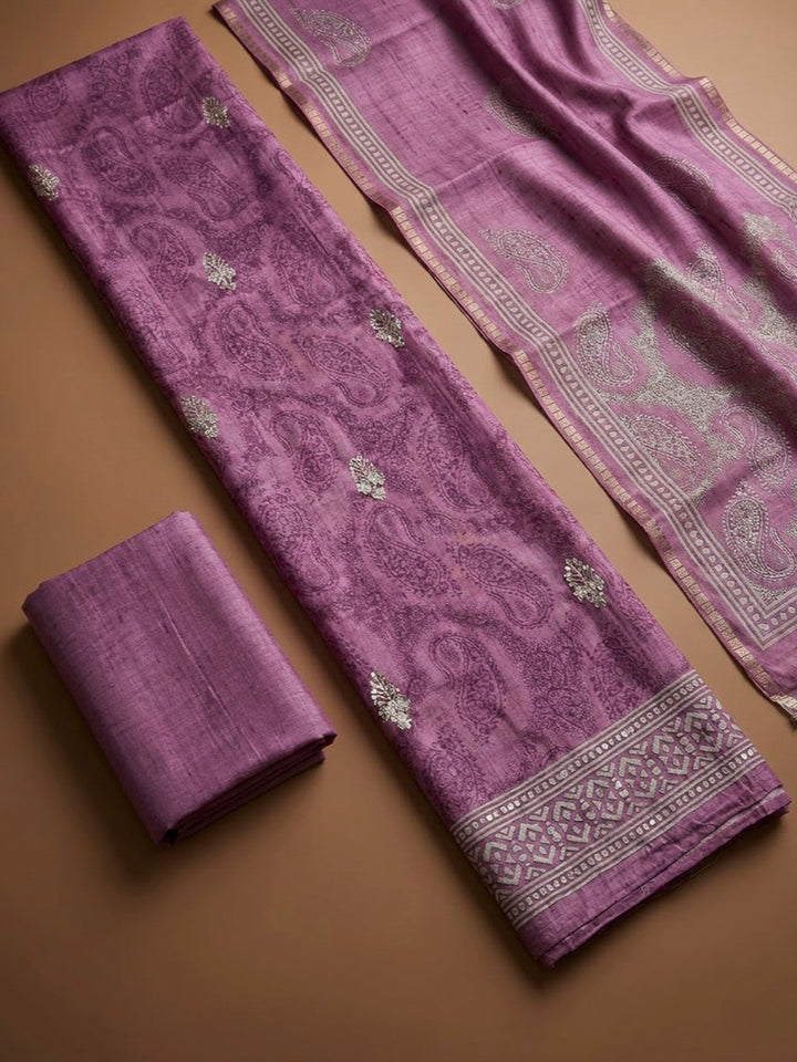 Purple Art Silk Printed Unstitched Dress Material