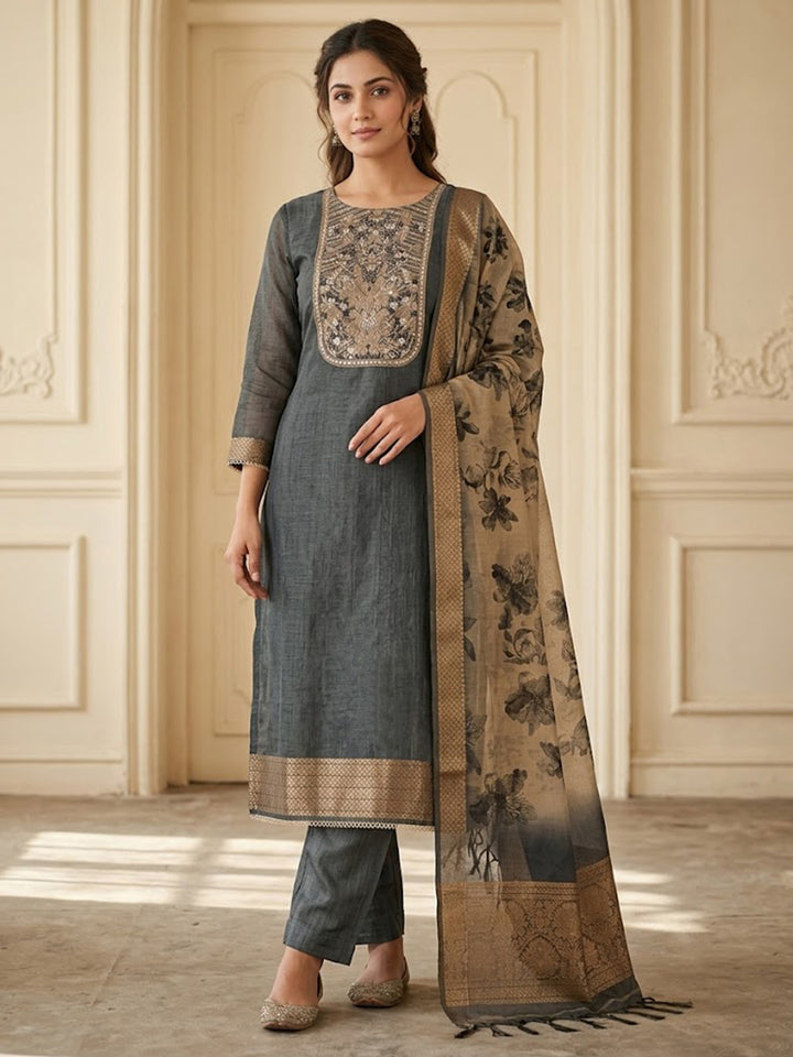 Grey Chanderi Embroidered Unstitched Dress Material
