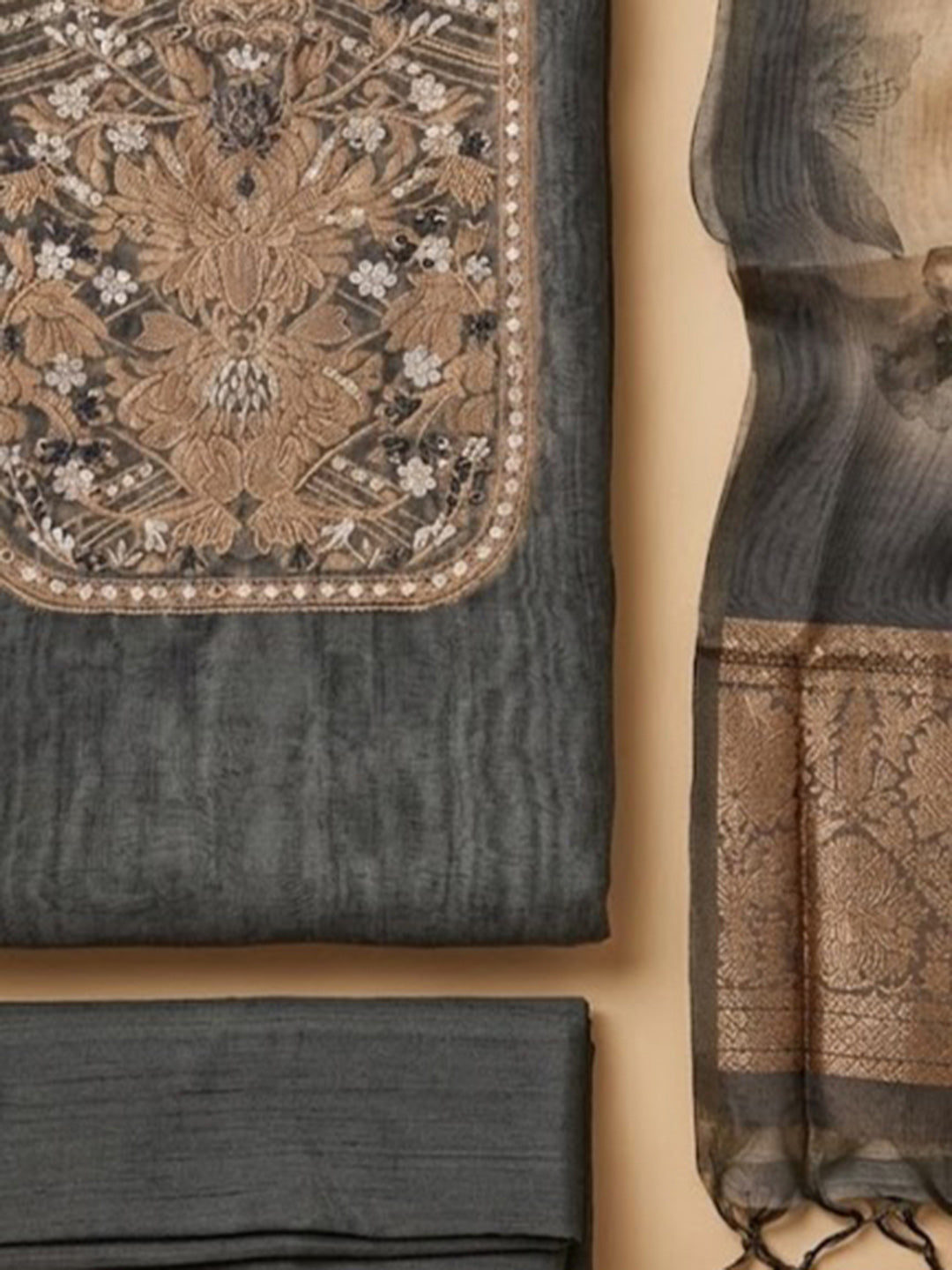 Grey Chanderi Embroidered Unstitched Dress Material