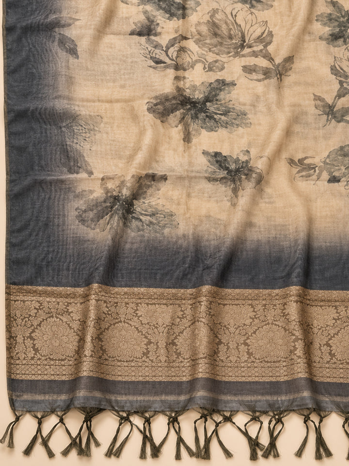 Grey Chanderi Embroidered Unstitched Dress Material