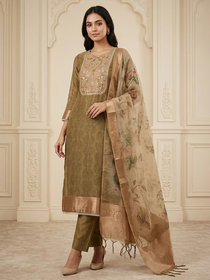 Mehndi Chanderi Embroidered Unstitched Dress Material