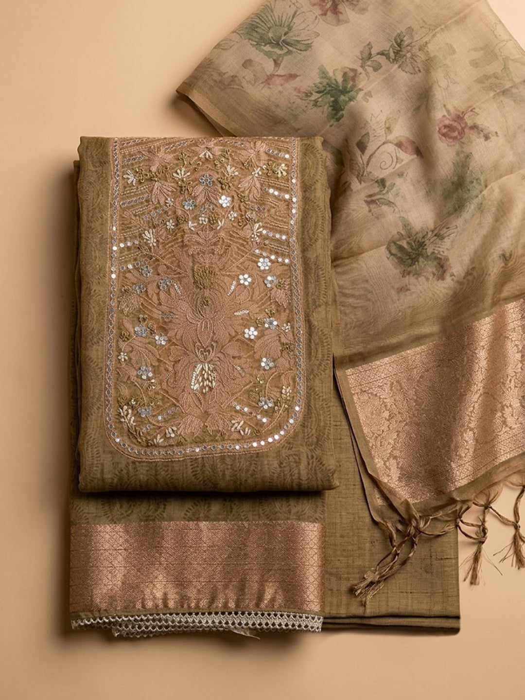 Mehndi Chanderi Embroidered Unstitched Dress Material