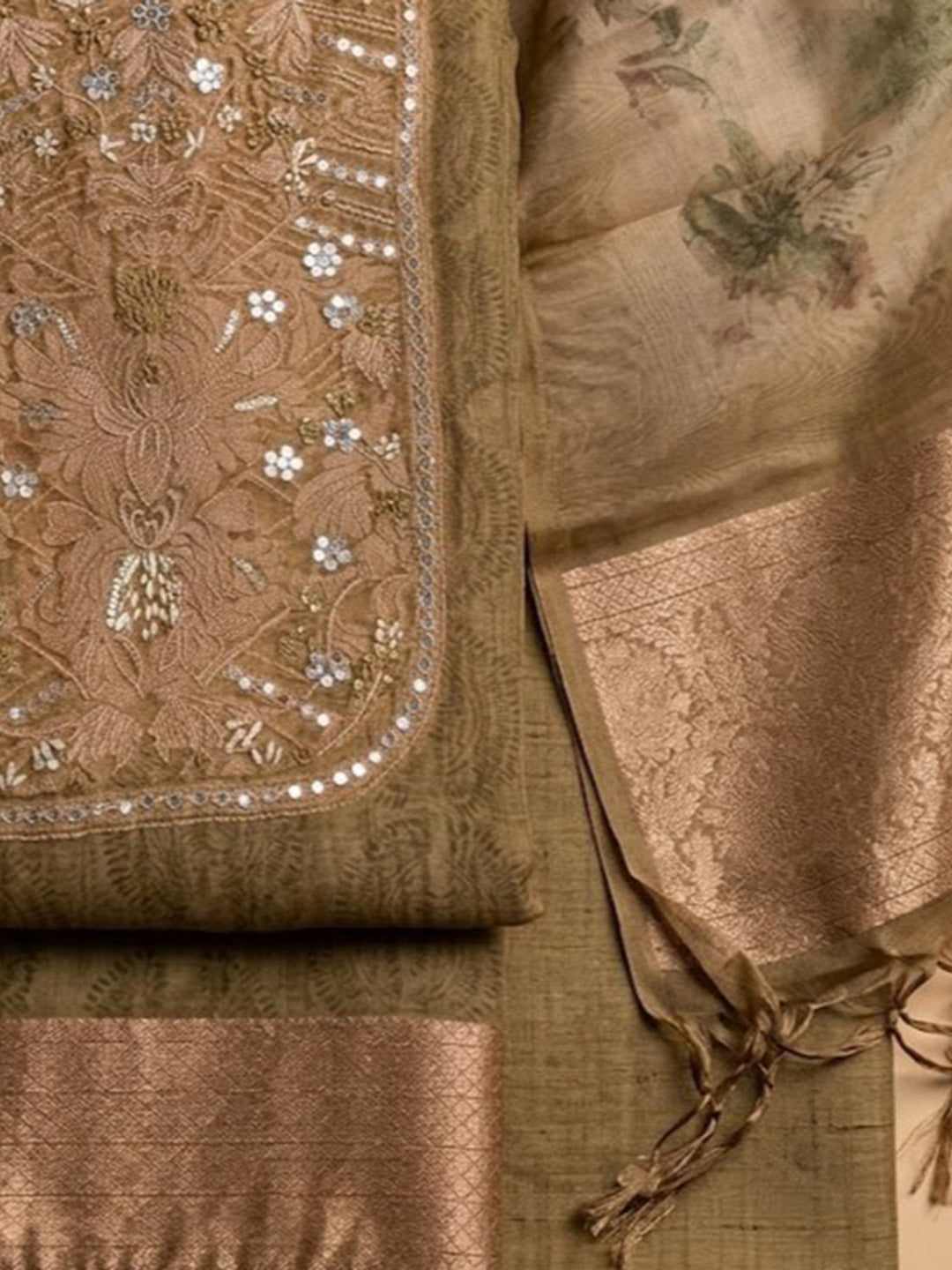Mehndi Chanderi Embroidered Unstitched Dress Material