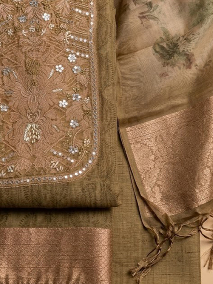 Mehndi Chanderi Embroidered Unstitched Dress Material
