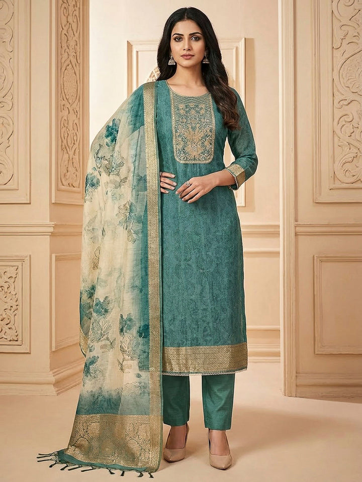 Rama Green Chanderi Embroidered Unstitched Dress Material